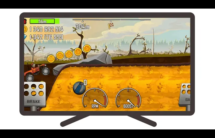 Hill Climb Racing mod apk For PC-Mac 2 Hill Climb Racing game being played on a large screen, with a car driving.
