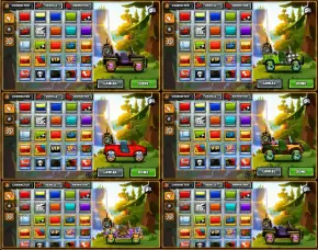 Hill Climb Racing 2 Mod APK unlocked vehicles collection grid showcase for mobile gameplay